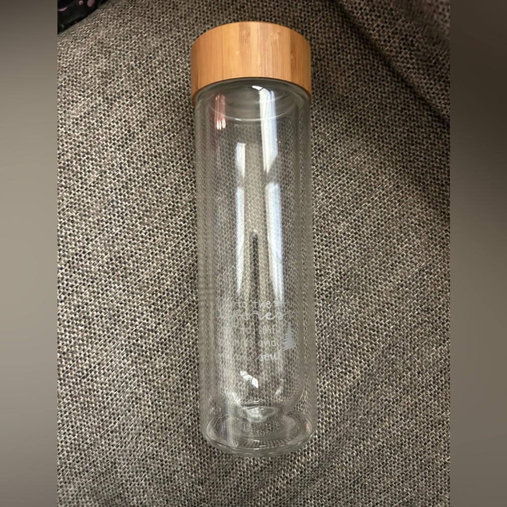 Engraved glass water bottle with bamboo lid